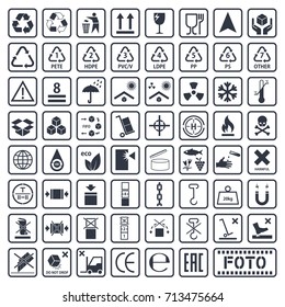 cargo symbols set, packaging icons, package signs set on cardboard