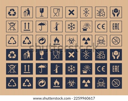 Cargo symbols set. Packaging realistic icons package signs set on cardboard