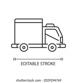 Cargo taxi linear icon. Delivery truck service. Moving assistance. Cargo van. Commercial vehicle. Thin line customizable illustration. Contour symbol. Vector isolated outline drawing. Editable stroke