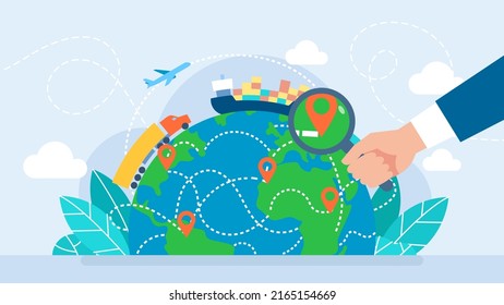 Cargo tracking in the application. Fast shipping. Business logistics. A logistic transport import-export cargo world globe design with trucks, airplanes, and ships. Freights transportation. Vector