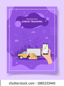 seguimiento de carga hombres caja delantera paquete camión mano de camioneta sostiene un puntero de mapa de smartphone en pantalla para plantillas de carteles, volante, portada de libros, revistas con estilo de forma líquida