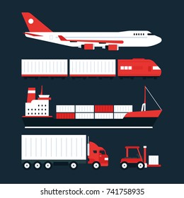 Cargo tracking service illustrations. Cool vector flat design transportation and freight cargo shipping options and alternatives