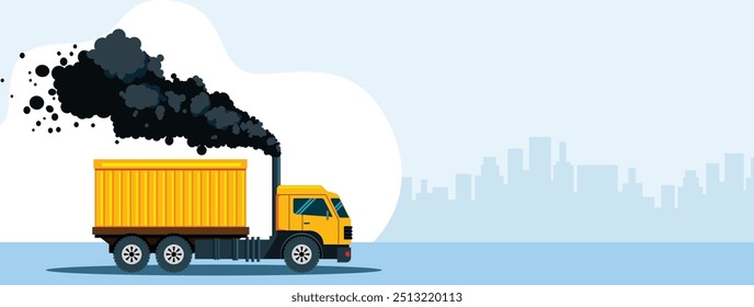 Reboque de carga com fumo negro no fundo da cidade