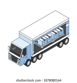 Cargo trailer with cardboard boxes in opened container 3d isometric vector illustration