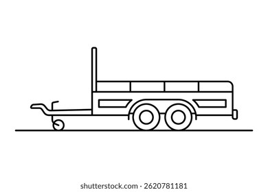 Ícone do trailer de carga. Silhueta linear com contorno preto. Traçados editáveis. Vista lateral. Ilustração gráfica plana simples vetorial. Objeto isolado no plano de fundo branco. Isolar.