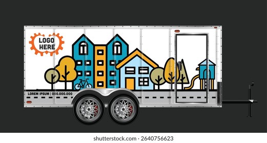 Cargo trailer mockup with a playful city and park design, perfect for showcasing your brand.