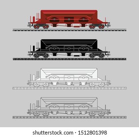 Cargo train cars. Railway carriage illustration presented as pictogram, black and white, line and flat illustration. Railway wagon vector flat and line illustration.