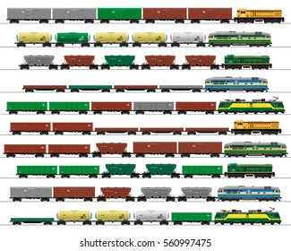 Cargo Train Cars. Railway Carriage. Vector. Set.