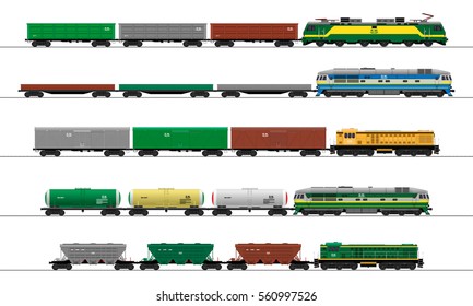 Cargo Train Cars. Railway Carriage. Vector. Set.