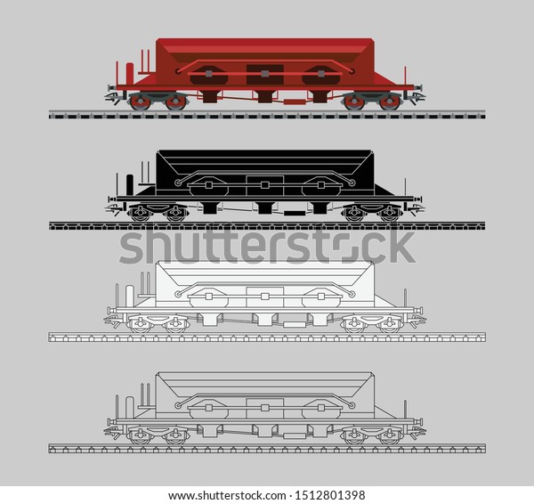 Cargo train cars. Railway\
carriage illustration presented as pictogram, black and white, line\
and flat illustration. Railway wagon vector flat and line\
illustration.