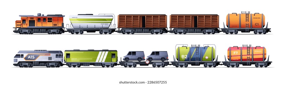 Tren de carga. Transporte de carga de caricatura vagón de locomotora transporte con contenedores, servicio de transporte ferroviario con transporte de mercancías. Colección de vectores. Envío de mercancías, tránsito
