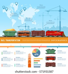 Cargo train global transport logistics presentation template. Freight trains concept. Cargo transportation by train transportation of oil gas toxic chemicals infographics 