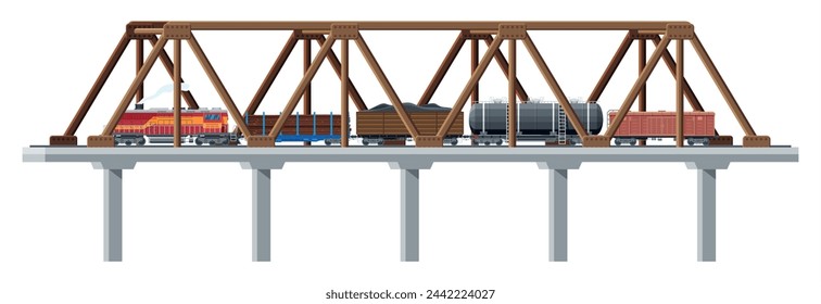 Cargo Train on Bridge. Wagons, Cisterns, Tanks, Cars. Railroad Freight Collection. Flatcar, Boxcar. Industrial Carriages on Aqueduct, Side View. Cargo Rail Transportation. Flat Vector Illustration