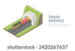 Cargo train in the tunnel isometry. Transportation by rail road. Isometric illustration on white background