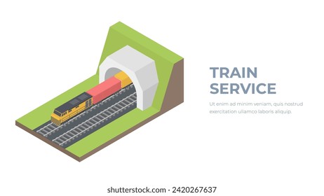 Tren de carga en la isometría del túnel. Transporte por ferrocarril. Isométrica ilustración en fondo blanco