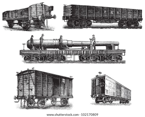 Cargo train wagon collection /\
vintage illustration from Brockhaus Konversations-Lexikon\
1908