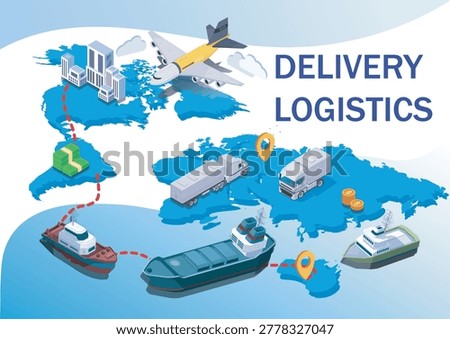Cargo transport across world map with planes trucks and ships in flat style on white background showing global shipping concept. Hand-drawn vector illustration