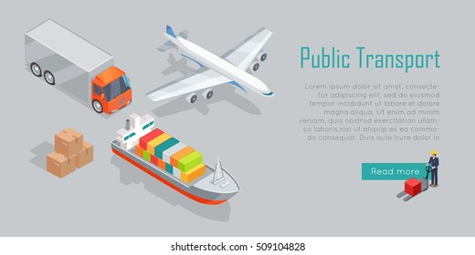 Cargo Transport Isometric Elements. Cargo Plane, Truck, Ship Icons, Percent Numbers, Data And Sample Text, Color Diagrams Vector Illustration Isolated. For Infographics, Web Design