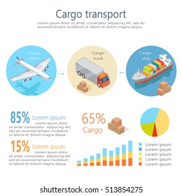 Cargo Transport Isometric Elements. Cargo Plane, Truck, Ship Icons, Percent Numbers, Data And Sample Text, Color Diagrams Vector Illustration Isolated On White Background. For Infographics, Web Design