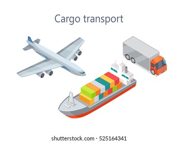 Cargo transport isometric elements. Cargo plane, truck, ship icons, percent numbers, data and sample text, color diagrams vector illustration isolated. For infographics, web design