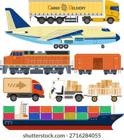 Transporte de carga y embalaje Transporte de carga y embalaje en iconos de estilo plano como camión, avión, tren, barco. Vector para Folleto, Sitio web e Impresión Publicidad sobre entrega temática de mercancías.