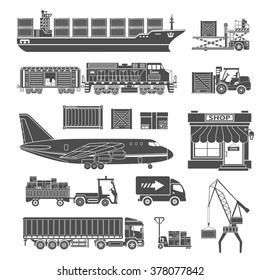 Cargo Transport and Packaging Icon Set such as Truck, Plane, Train, Ship for Brochure, Web Site and Printing Advertising on theme delivery of goods. isolated vector illustration