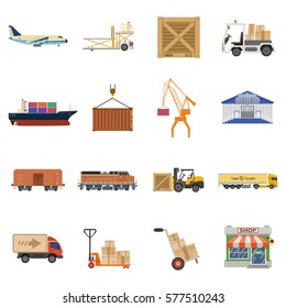 Cargo Transport, Packaging, shipping, delivery and logistics flat Icons Set with Truck, air cargo, Train, Shipping. isolated vector illustration