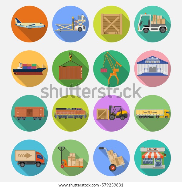 Cargo\
Transport, Packaging, shipping, delivery and logistics flat Icons\
Set with Truck, air cargo, Train, Shipping on colored circles with\
Long Shadows. isolated vector\
illustration
