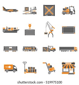 Cargo Transport, Packaging, shipping and logistics two color Icon Set such as Truck, air cargo, Train, Shipping. Isolated vector illustration.
