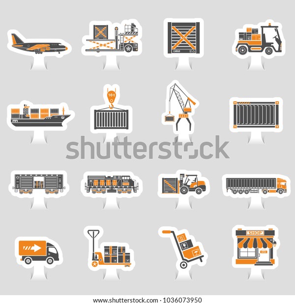 Cargo Transport, Packaging, shipping and\
logistics two color sticker Icon Set such as Truck, air cargo,\
Train, Shipping. Vector\
illustration\