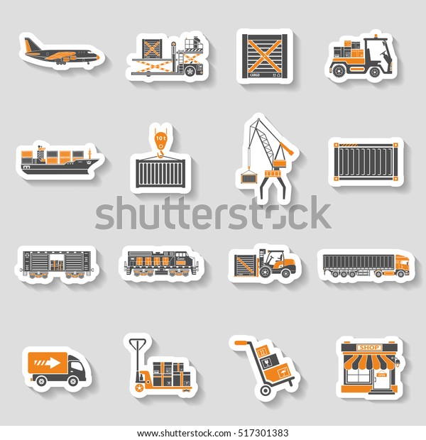 Cargo Transport, Packaging, shipping and\
logistics two color sticker Icon Set such as Truck, air cargo,\
Train, Shipping. vector\
illustration\
