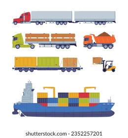 Cargo Transport with Truck and Ship as Freight Delivery Logistics Service Vector Illustration Set
