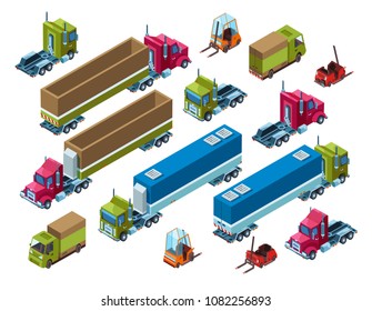 Cargo transport vector illustration of isometric logistics delivery trailer, warehouse forklift truck and freight transportation van. Isometric isolated set of long vehicles and pulling semi-trailer