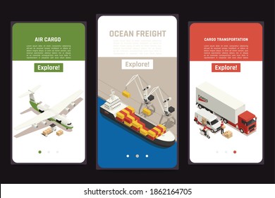 Cargo transportation 3 isometric mobile screens with air carrier ocean vessel freight trucking delivery van vector illustration