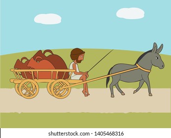 cargo transportation in ancient world, funny vector cartoon illustration of four-wheeled vehicle pulled by draught animal