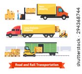Cargo transportation by road and train. Workers loading and unloading trucks and rail car with forklifts. Flat style icons and illustration.