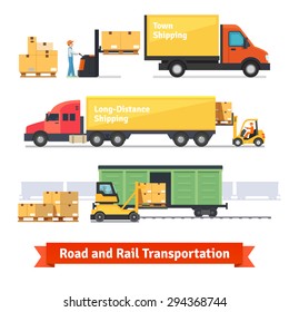 Cargo transportation by road and train. Workers loading and unloading trucks and rail car with forklifts. Flat style icons and illustration.