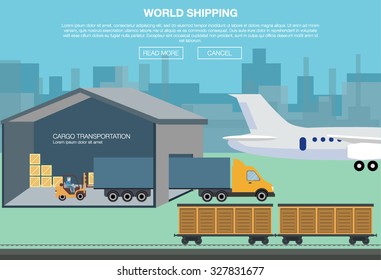 Cargo transportation by road and train. Workers loading and unloading trucks and rail car with forklifts. Logistic concept transport delivery services. vector illustration