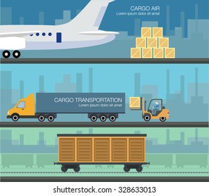 Transporte de carga por carretera y tren. Trabajadores cargando y descargando camiones y vagones con carretillas elevadoras. Tres pancartas de carga plana. Servicios de transporte de concepto logístico. ilustración vectorial. 
