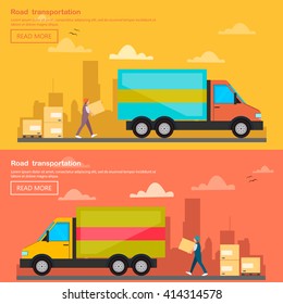 Cargo transportation by road. Workers loading and unloading trucks. Flat style icons and illustration.