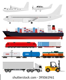 Cargo transportation by train, trucks, ships and airplanes. Flat style icons and illustration.