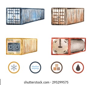 Carga, colección de contenedores de transporte, conjunto hecho en técnica de acuarela que incluye mar, carga seca, refrigerador y contenedores de barril con iconos