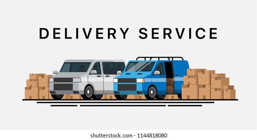 Cargo transportation. Delivery service. Express delivery by car. Trucking by car. Service of delivery by cars. Service of delivery of parcels by car. Cars for moving. Flat style. Flat design. Vector