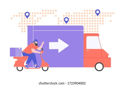Cargo transportation and fast delivery of goods worldwide. Courier service. A man rides a moped, a truck with an arrow, on a map background with GPS icons. Vector flat illustration.