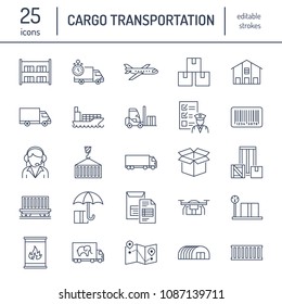 Cargo transportation flat line icons. Trucking, express delivery, logistics, shipping, customs clearance, cargoes package, tracking and labeling symbols. Transport thin signs for freight services.