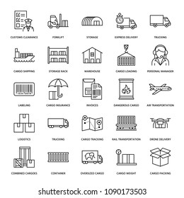 Cargo transportation flat line icons. Trucking, express delivery, logistics, shipping, customs clearance, cargoes package, tracking and labeling symbols. Transport thin signs for freight services.