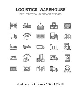 Cargo transportation flat line icons Trucking, express delivery, logistics, shipping, customs clearance, package, tracking labeling symbols. Transport thin signs freight services. Pixel perfect 64x64.