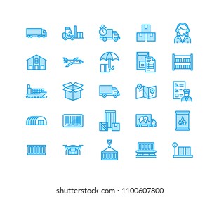 Cargo transportation flat line icons Trucking, express delivery, logistics, shipping, customs clearance, package, tracking labeling symbols. Transport thin signs freight services. Pixel perfect 64x64.