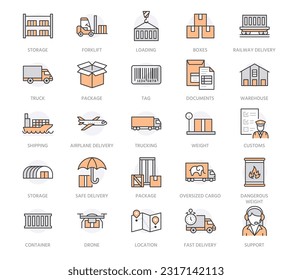 Cargo transportation flat line icons. Trucking, express delivery, logistics, shipping, customs clearance, tracking, labeling. Transport thin signs for freight services. Orange color. Editable stroke