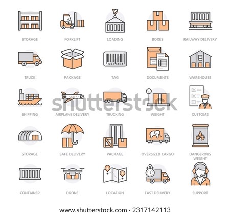 Cargo transportation flat line icons. Trucking, express delivery, logistics, shipping, customs clearance, tracking, labeling. Transport thin signs for freight services. Orange color. Editable stroke